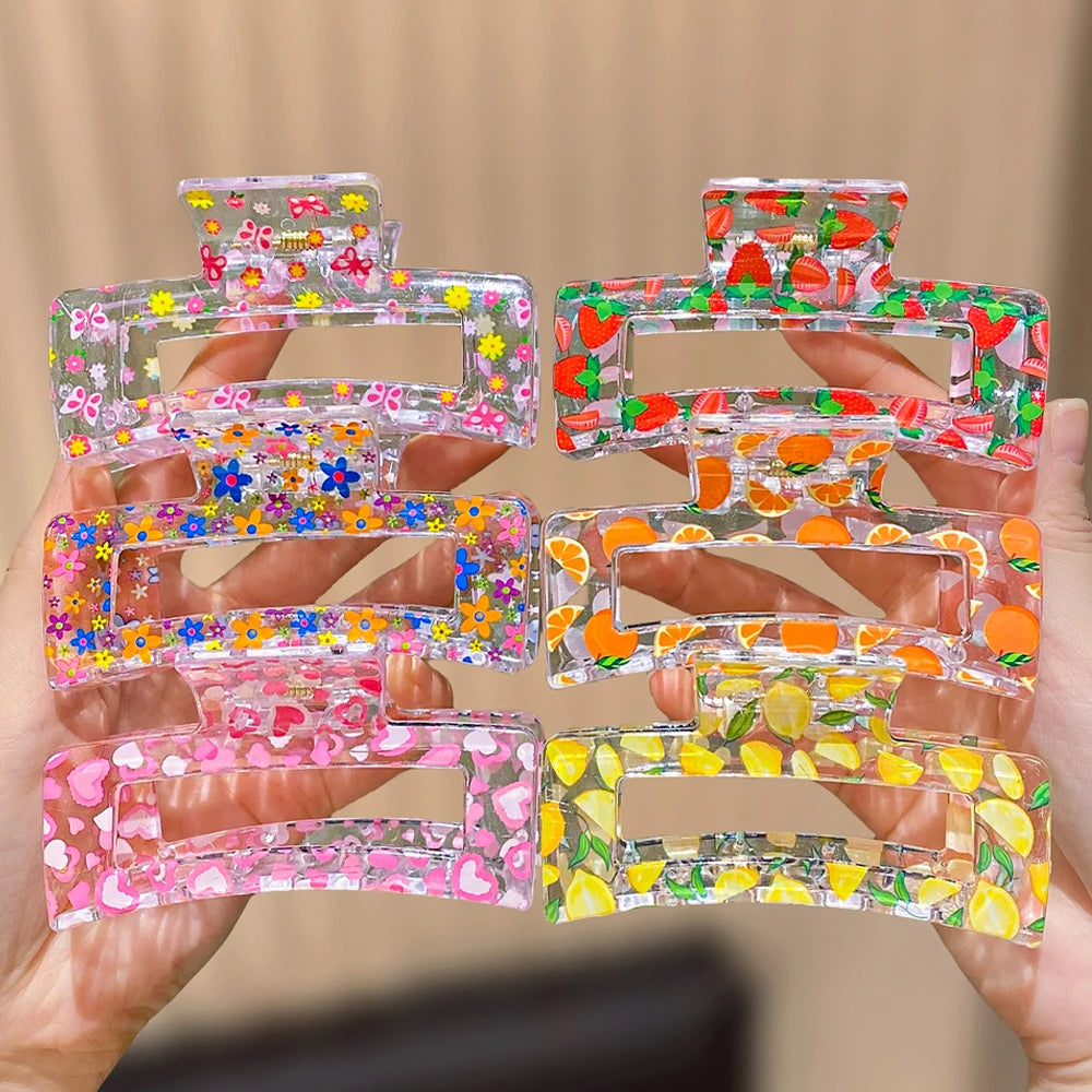 6 square fruit printed hair claws for women, simple and elegant, suitable for daily travel