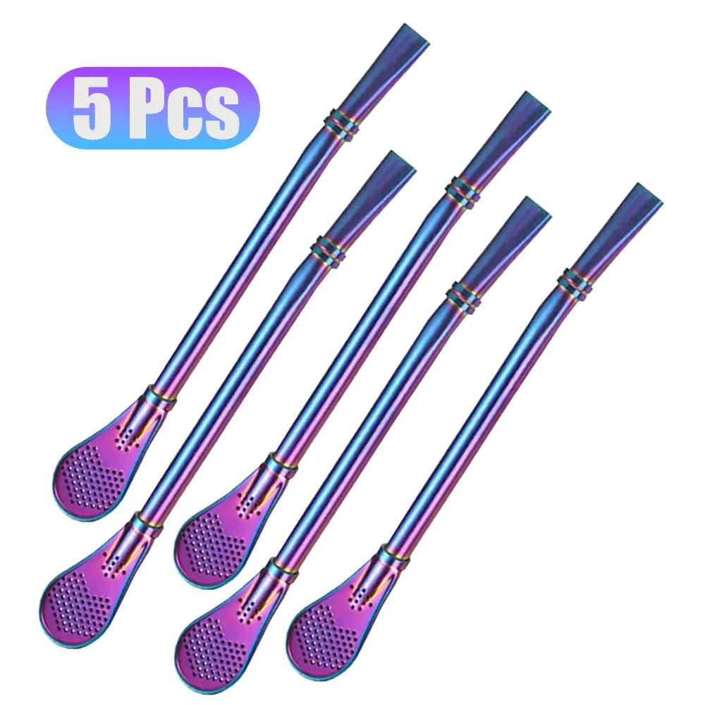 1-10Pcs 304 Stainless Steel Drinking Straw Spoon Tea Filter Reusable Bombilla Gourd Cocktail Straw Spoon Coffee Bar Accessory