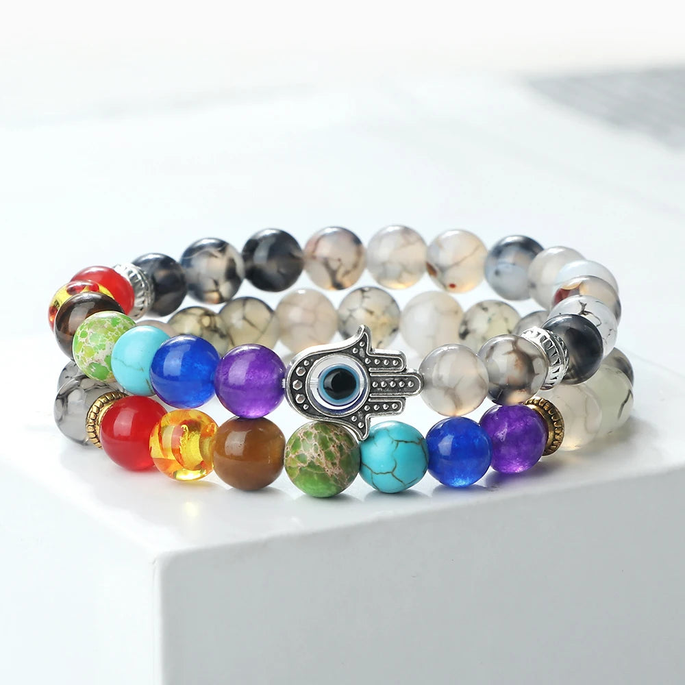 Heamsa 2pcs 7 Chakra Beaded Bracelets Set / Natural Tiger Eye Stone Black Lava Rock Lucky Evil Eye Bangles