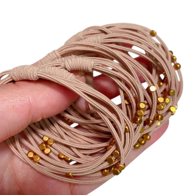 Tejesa 10PCS Korean Women Elastic Hair Rubber Bands  for Girs /Golden Plated Beads Hair Scruchies Hair Tie/Holder