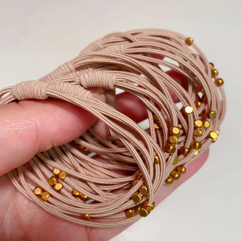 Tejesa 10PCS Korean Women Elastic Hair Rubber Bands  for Girs /Golden Plated Beads Hair Scruchies Hair Tie/Holder