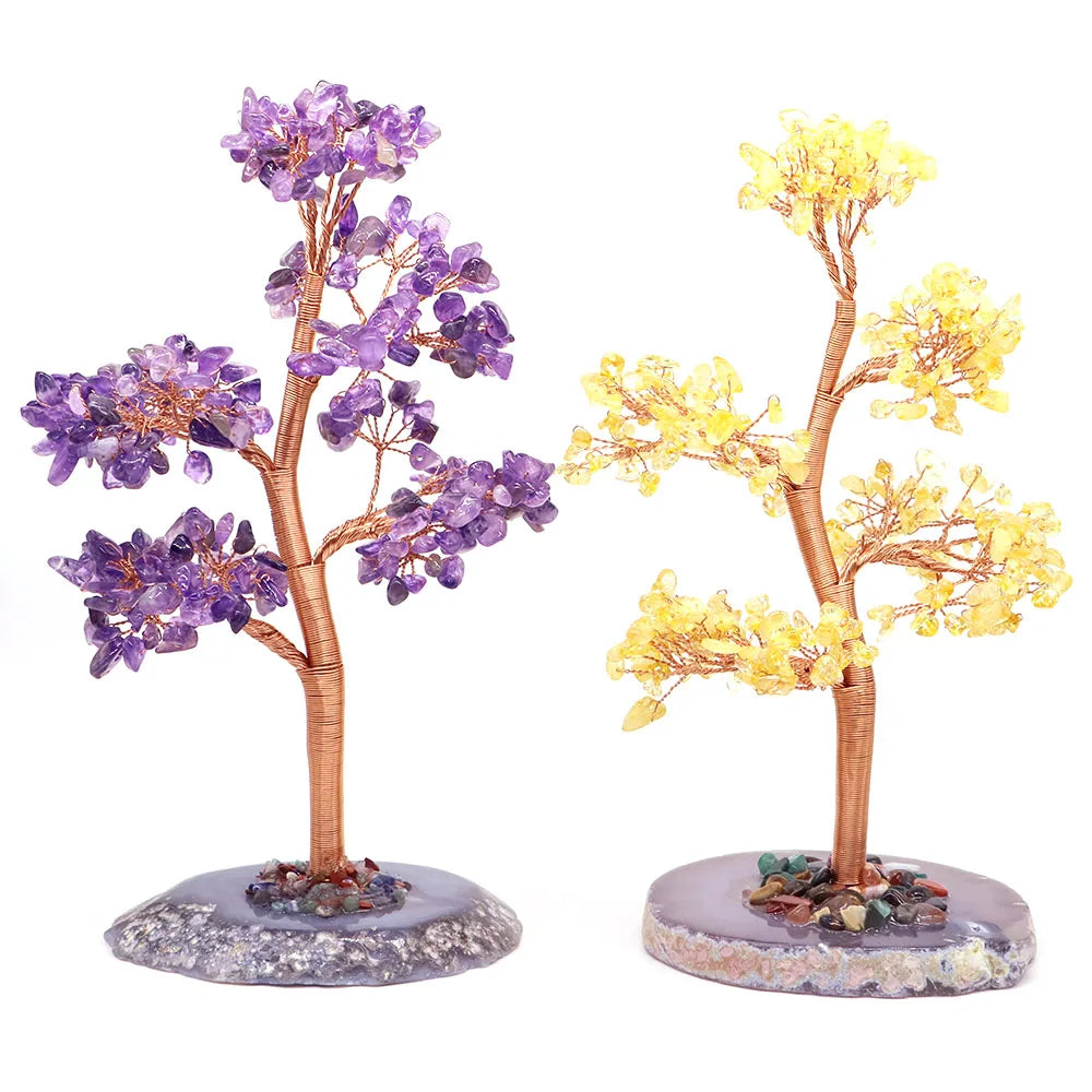 Natural Healing Crystal Stone Amethyst Tree Wire Wrapped Agate Flake Base Home Office Desk Living Room Feng Shui Decor Gifts