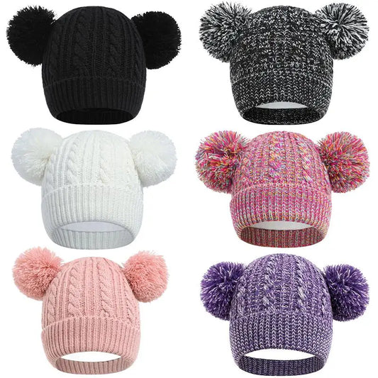 Autumn Winter Knitted Hat for Baby Boys Double Pompom Plus Velvet Beanie Girls Keep Warm Hats Kids Accessories 4-6 Years Old