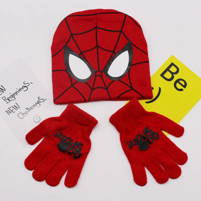 Disney Children's Hat Glove Set Baby Boys Knitted Hat Cartoon Warm Hat Cosplay Toy Marvel Spiderman Christmas Gift for Chridern
