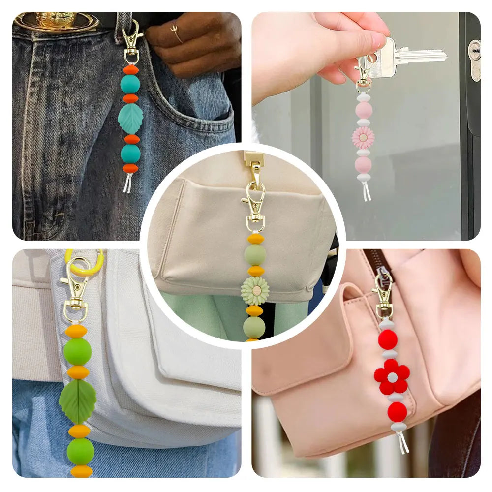 Flowers Silicone Beaded Keychain Handmade  Leaves Beads Key Chains For Car Bag Pendant Key Accessories Keyring Gift