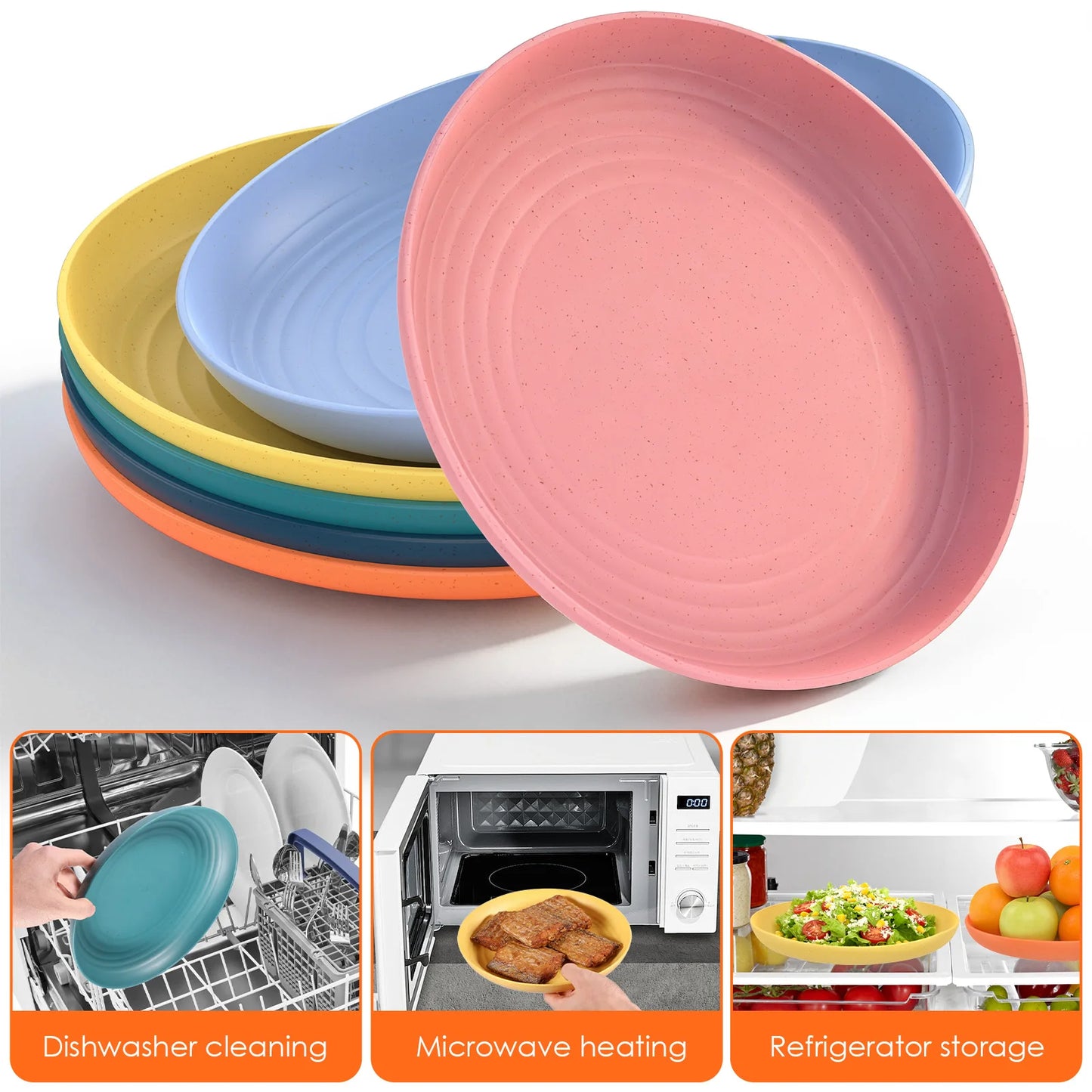Tejesa 6Pcs Circular Dining Plate 8.74 Inch Plastic Dinner Plate Microwave and Dishwasher Safe Dish Food Pan for Kitchen Picnic Tray
