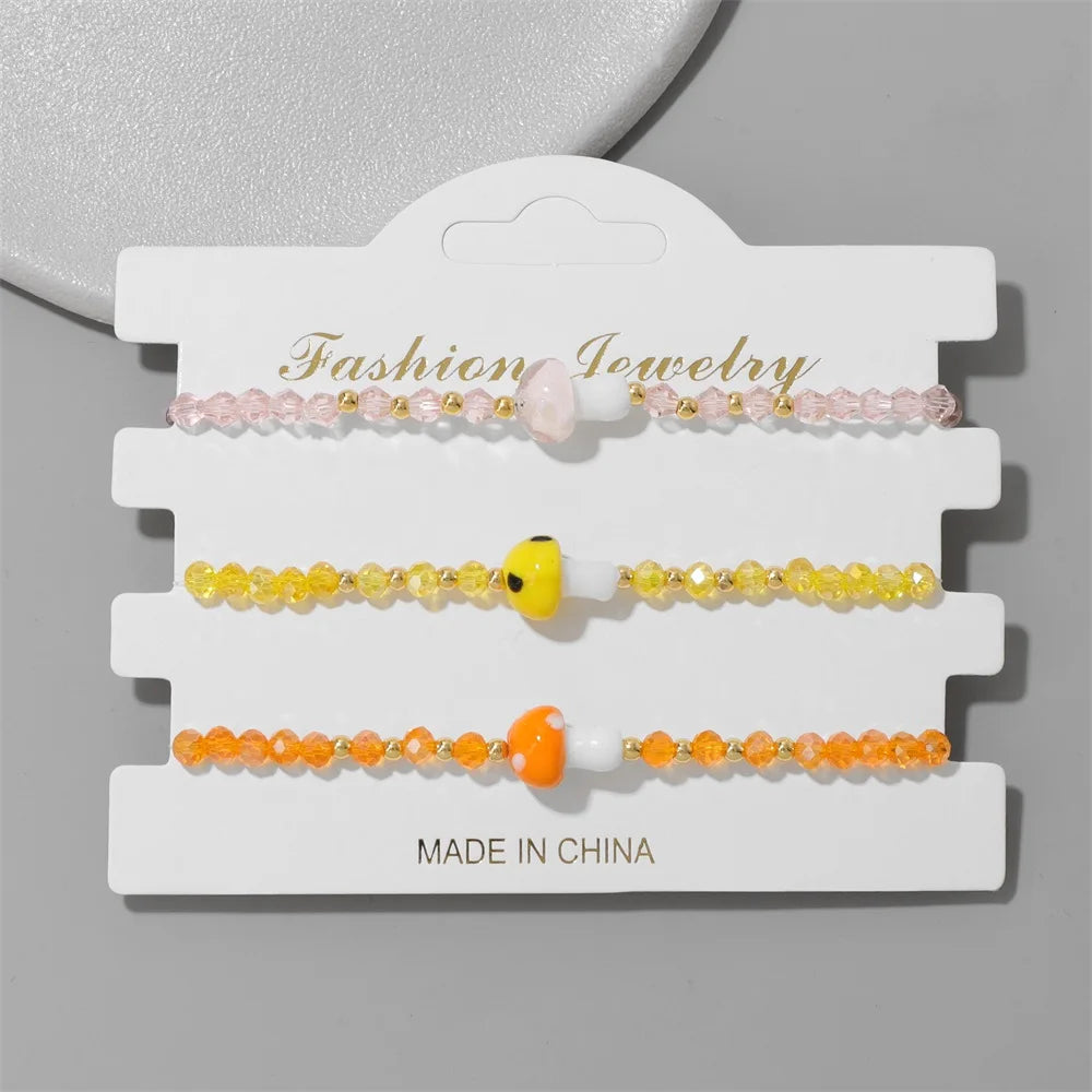 Tejesa 3pcs Handmade Crystal Glass Beads Bracelet Cute Mushroom Charm Bracelets for Women Girls Lucky Fashion Set Jewelry Gift 3x4mm
