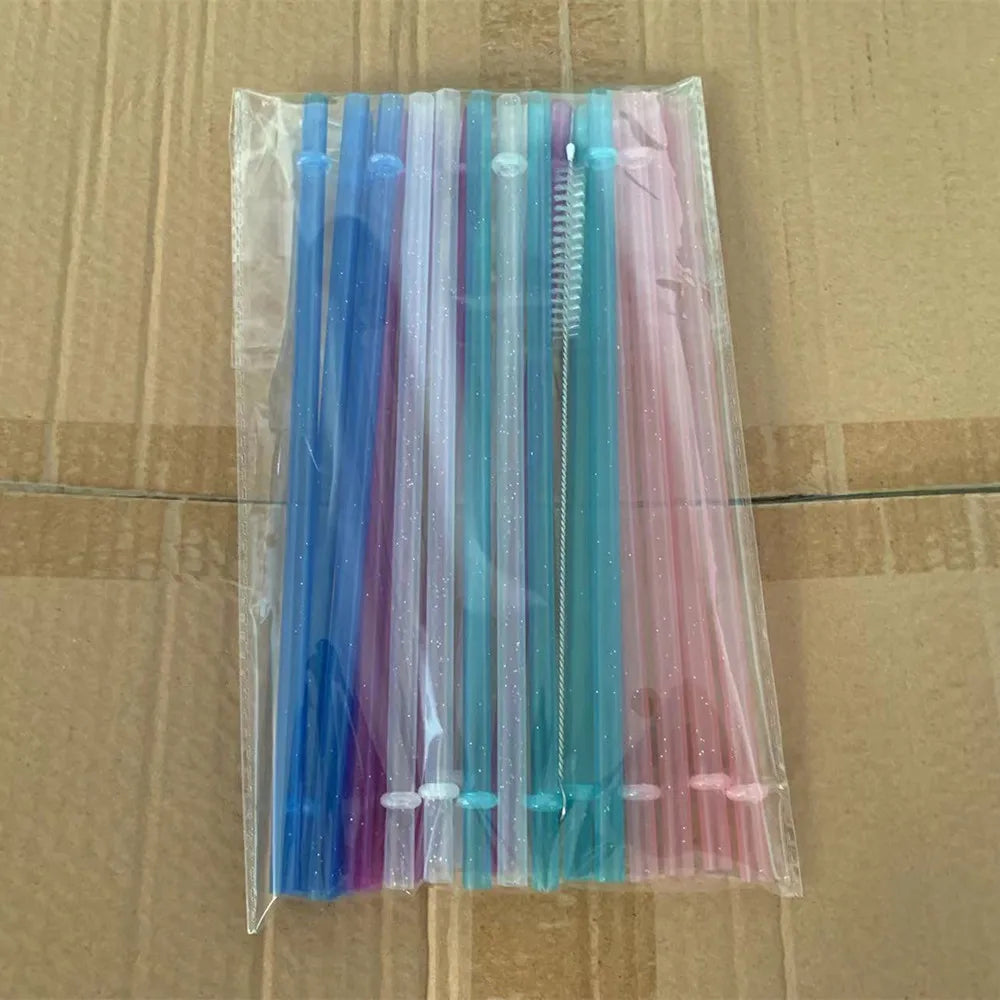 Hemasa 9inches  20 Pieces Reusable Drinking Straws  Colorful Plastic Straws Clear Glitter Unbreakable Straw with Cleaning Brush for Party