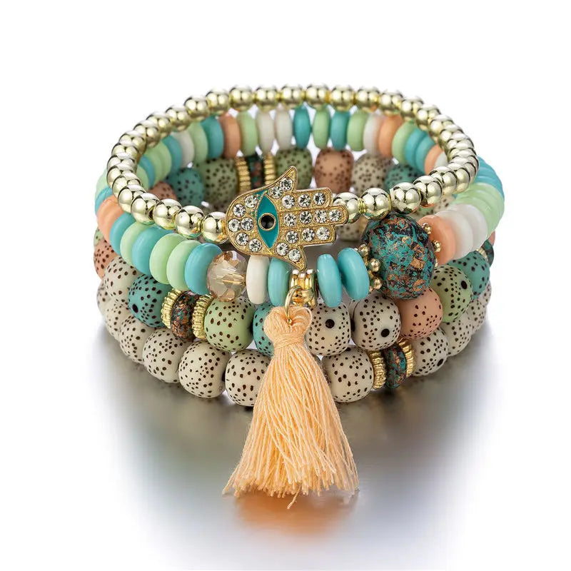 Hemasa  Evil Eye Tassel Bracelet Set For Women  / Stone Beads Chain Bangle Female Bohemian Jewelry Gift