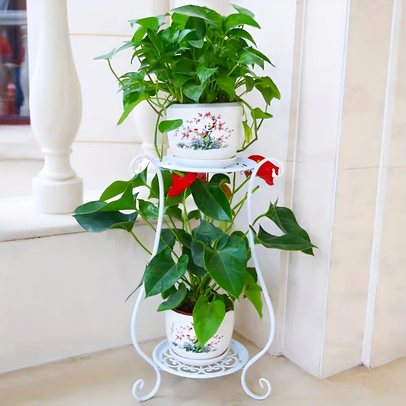 Tejesa  Double-Layered Metal Flower Rack Stand - Multi-Layer Floor Standing Plant Display with Modern European Style for