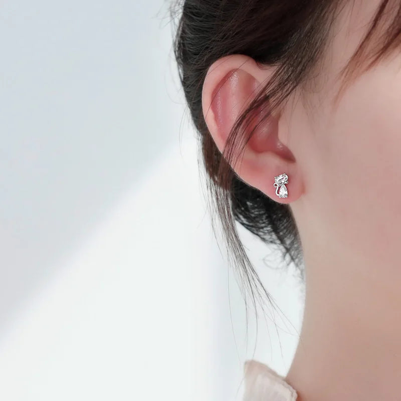Hemasa 925 Silver  Fashion Crystal Cat Stud Earrings for  Girls Birthday