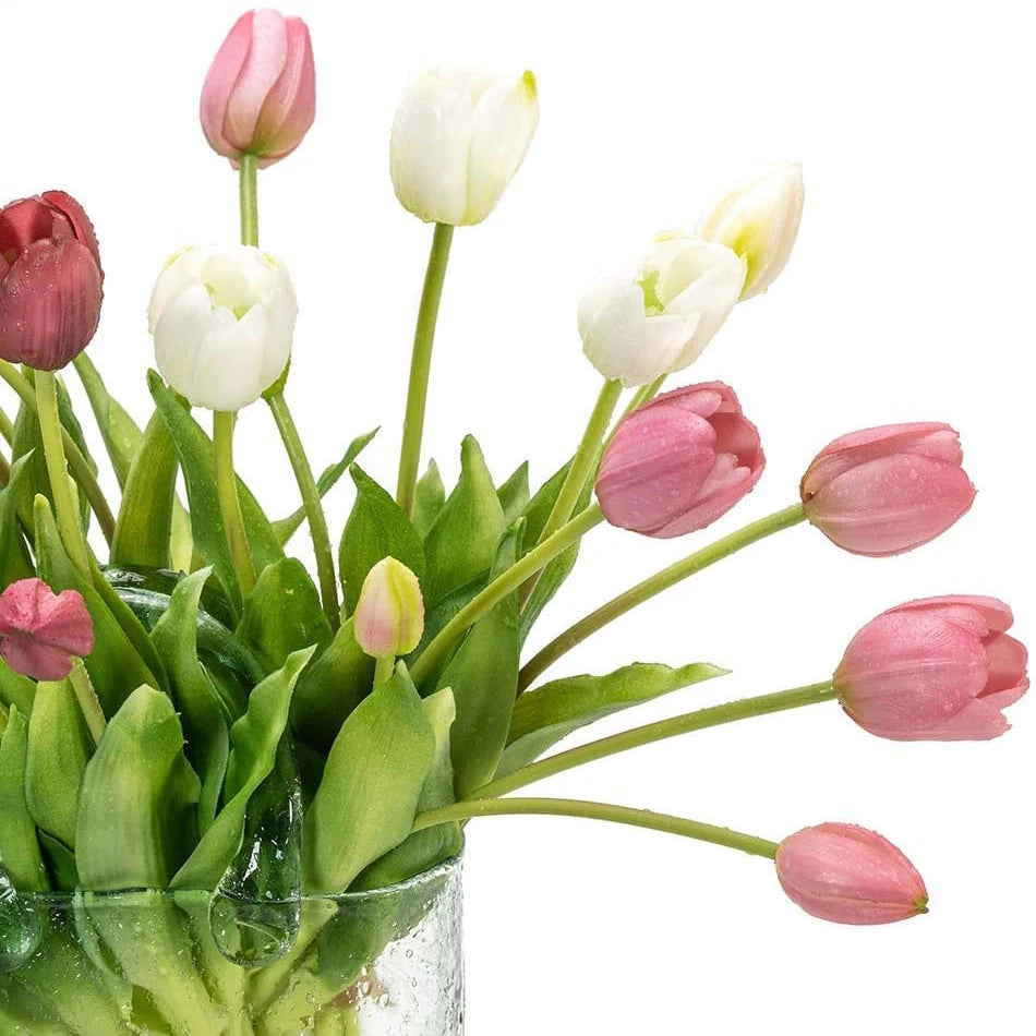 Tejesa 15pcs Real Touch Artificial Tulip Flowers Pink White Latex Tulip Bouquets for Office Wedding Party Home Room Decoration