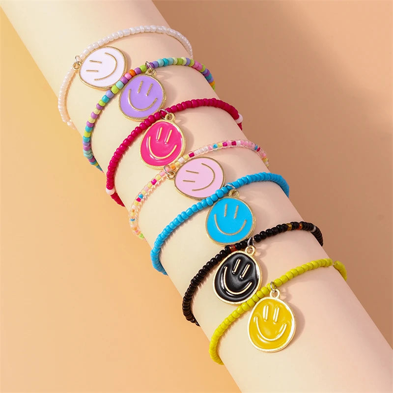 Hemasa 7Pcs/Set Bohemian Handmade Colorful Beads Bracelet for Women Cute Smile Face Charms Bracelets Girls Party Holiday Jewelry Gifts