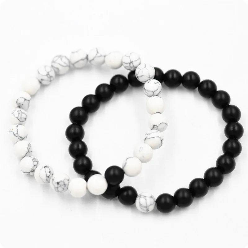 Black Matte White Line Turquoise Pink Pine Couple Set Bracelet Hot Selling Natural Stone Jewelry Beaded Bracelet For  Lovers