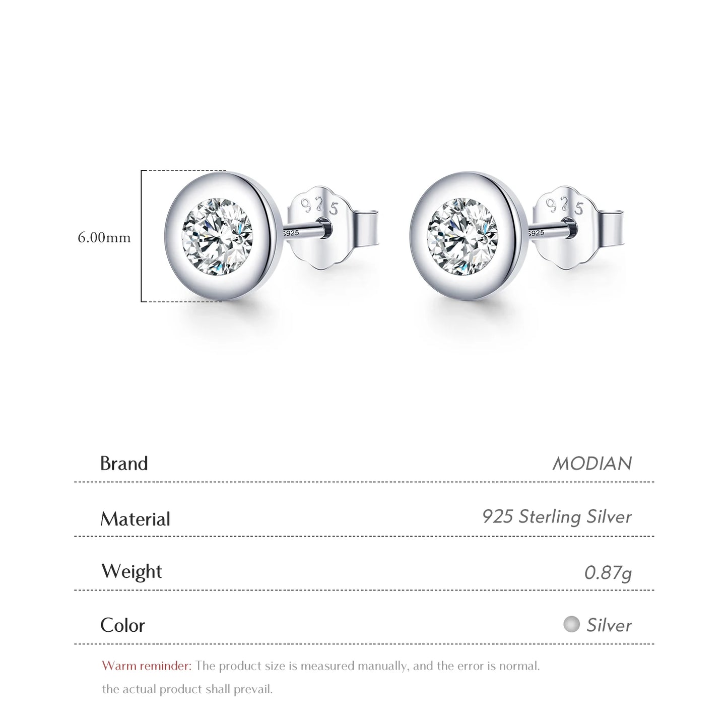 Modian Exquisite Simple Round Clear CZ Ear Studs 100% 925 Sterling Silver Sparkling Stud Earrings For Women Wedding Fine Jewelry