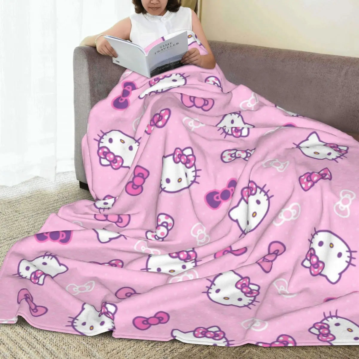 Hemasa  Pink Colour Hello Kitty   Flannel  Blanket Bedspread Sofa Bed Cover