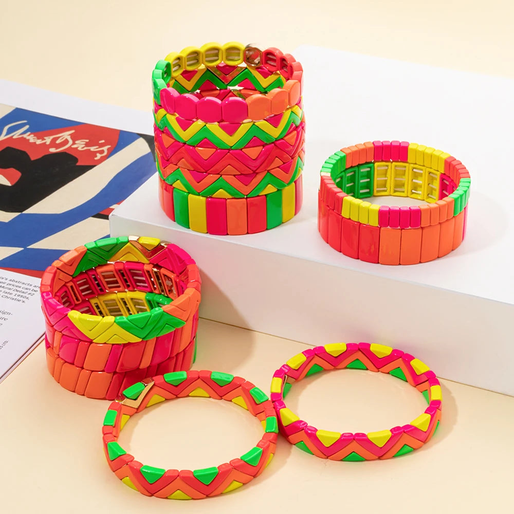Tejesa Yellow Red Color  Enamel Tile Beads Bracelets For Women /Hand Jewelry Charms Beach Elastic Bangle For Party Luxury