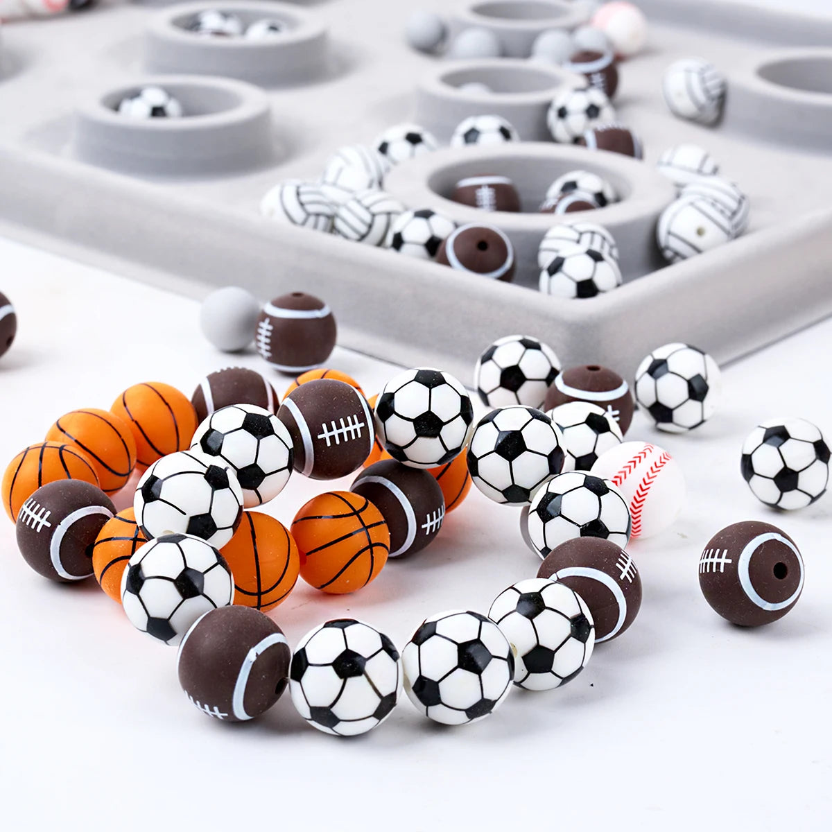 15Pcs Silicone Round Beads Soccer Rugby Base/volley/basketball for Jewelry Making To Make Bracelets DIY Pacifier Chain Necklace