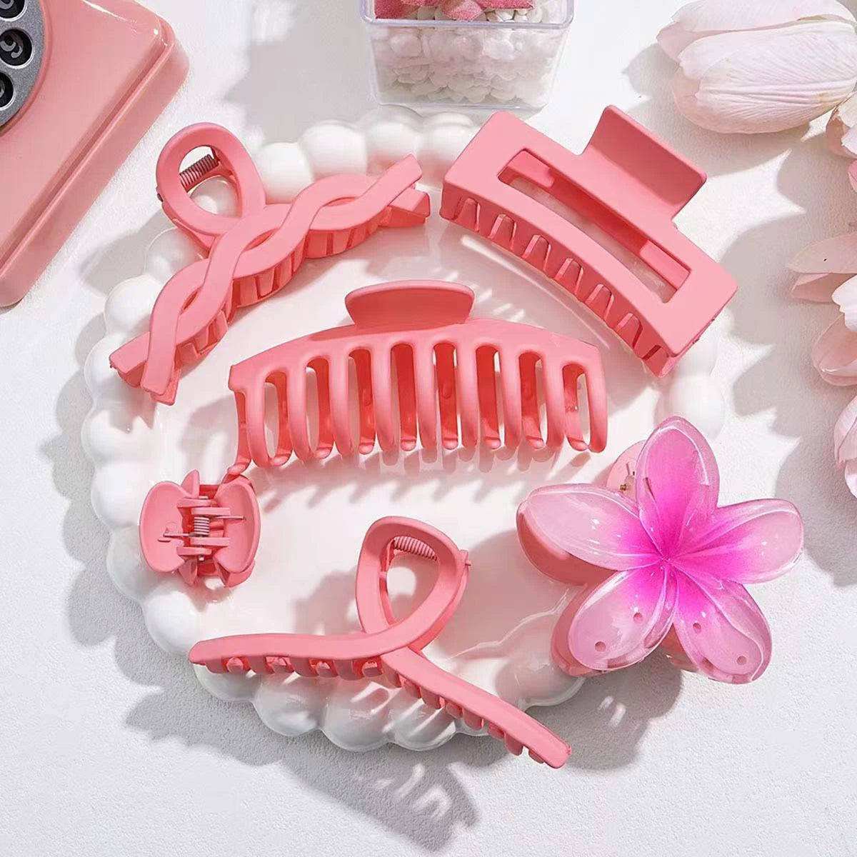 Tejesa  6pcs/set ins fresh sweet girl  pink and purple series frangipani grab clip set, hair ornament shark clip