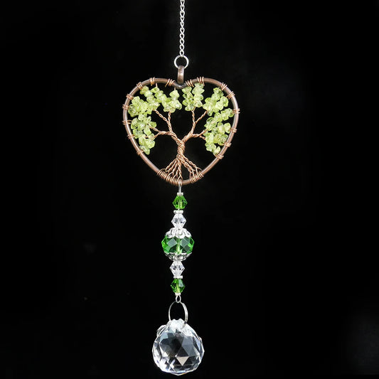 Natural Green Crystal Gemstone Quarz Love Heart Tree of Life Crystal Ball Prism Pendant Suncatcher Yoga Meditation Hanging Decor