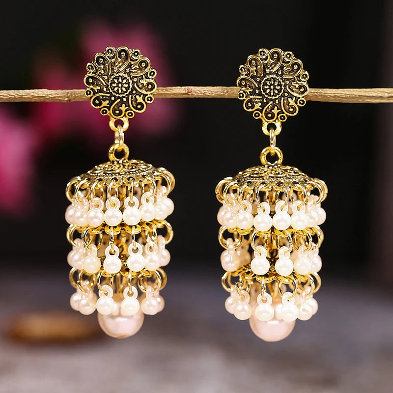 Hemasa  Layered Pearl Drop Earring For Women Handmade Hanging Pearl Bead Tassel Dangle Earrings Ethnic Wedding Indian Jewelry