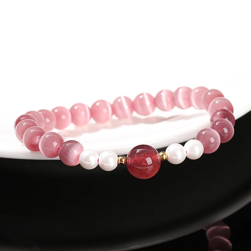 Change Better Natural Fuchsia Cat Eye Stone Strawberry Quartz Lucky Bead Bracelet Women Trendy Simple Strand Bangles Party Gifts