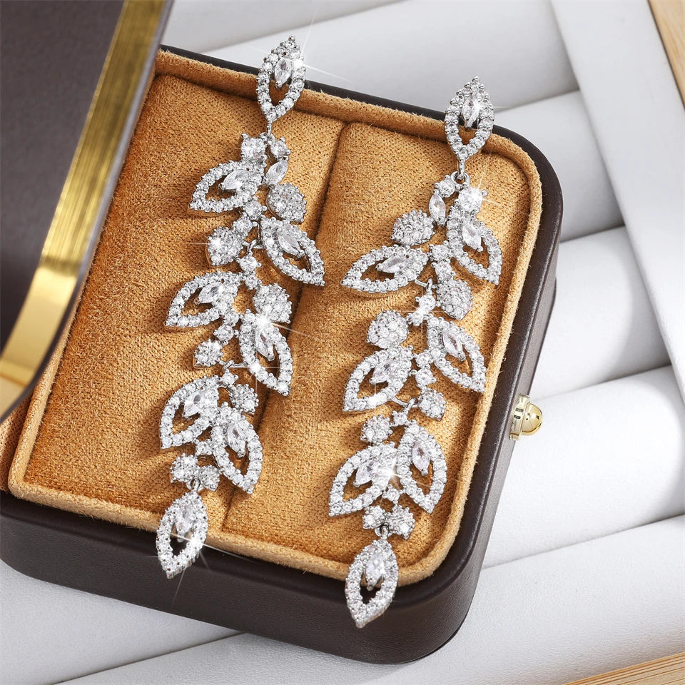 Hemasa Luxury Shiny Zircon Polish Bridal Wedding Dange Earrings Elegant Marquise Leaf AAA CZ Long Drop Earring Party Jewelry