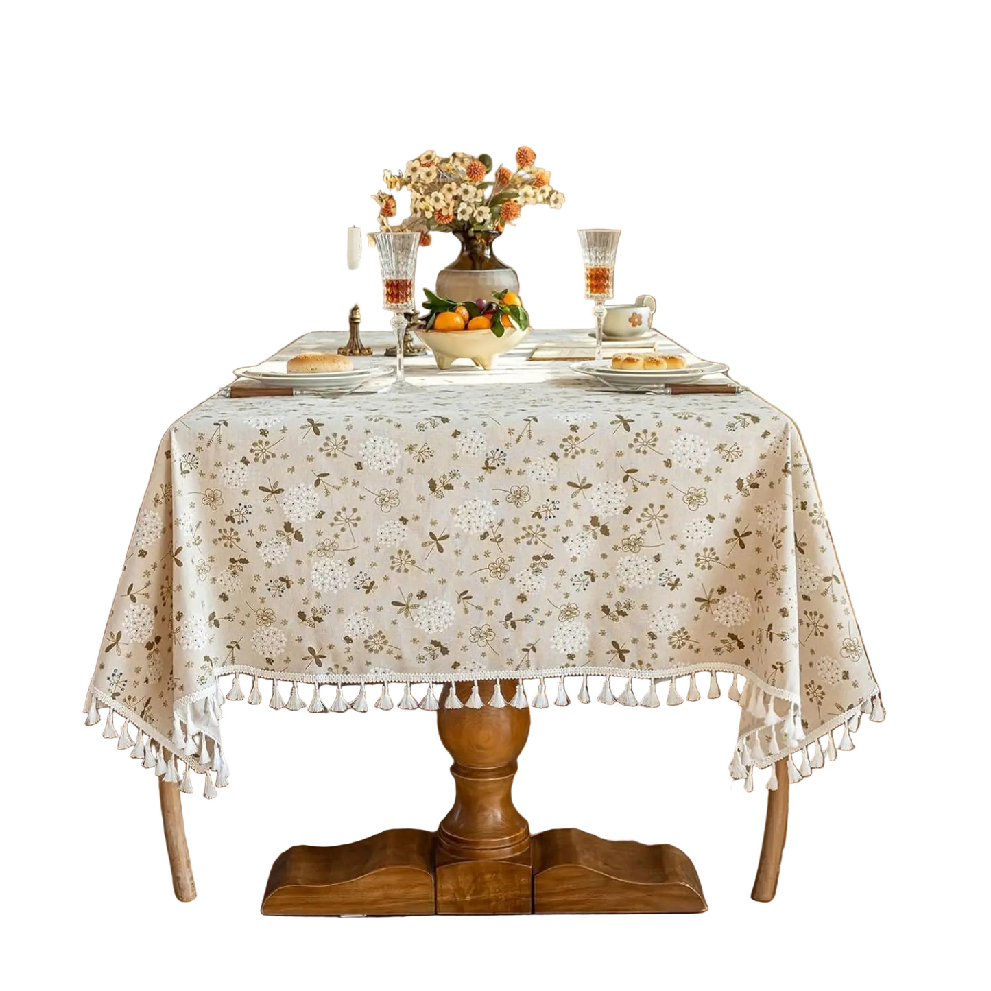 Tejesa Square Cotton Linen Tablecloth with Stitching Tassels Washable Fabric Table Cover for Christmas Dining Kitchen Tea Party