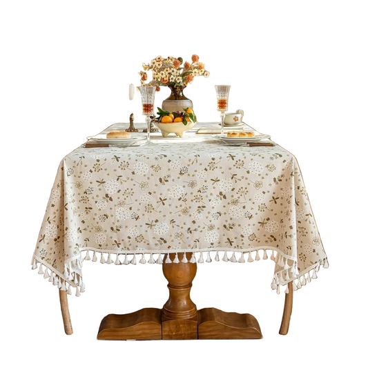 Tejesa Square Cotton Linen Tablecloth with Stitching Tassels Washable Fabric Table Cover for Christmas Dining Kitchen Tea Party