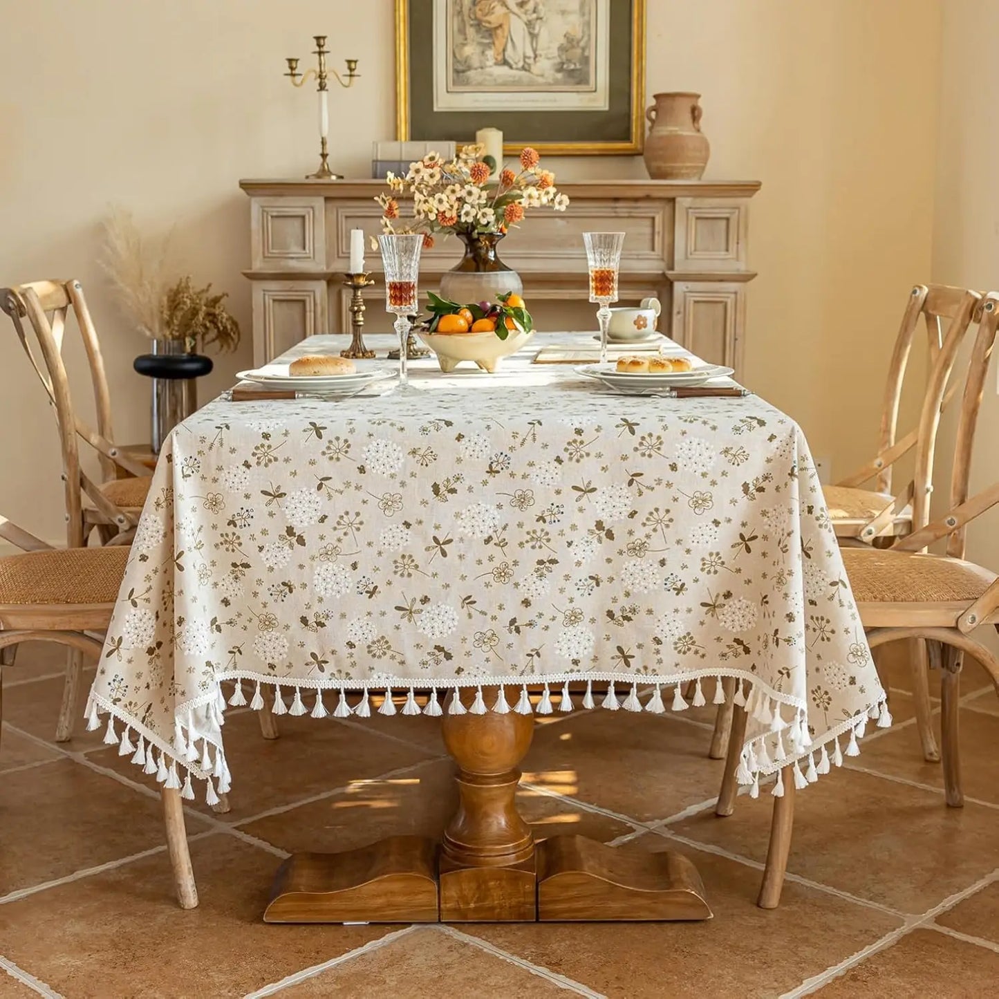 Tejesa Square Cotton Linen Tablecloth with Stitching Tassels Washable Fabric Table Cover for Christmas Dining Kitchen Tea Party
