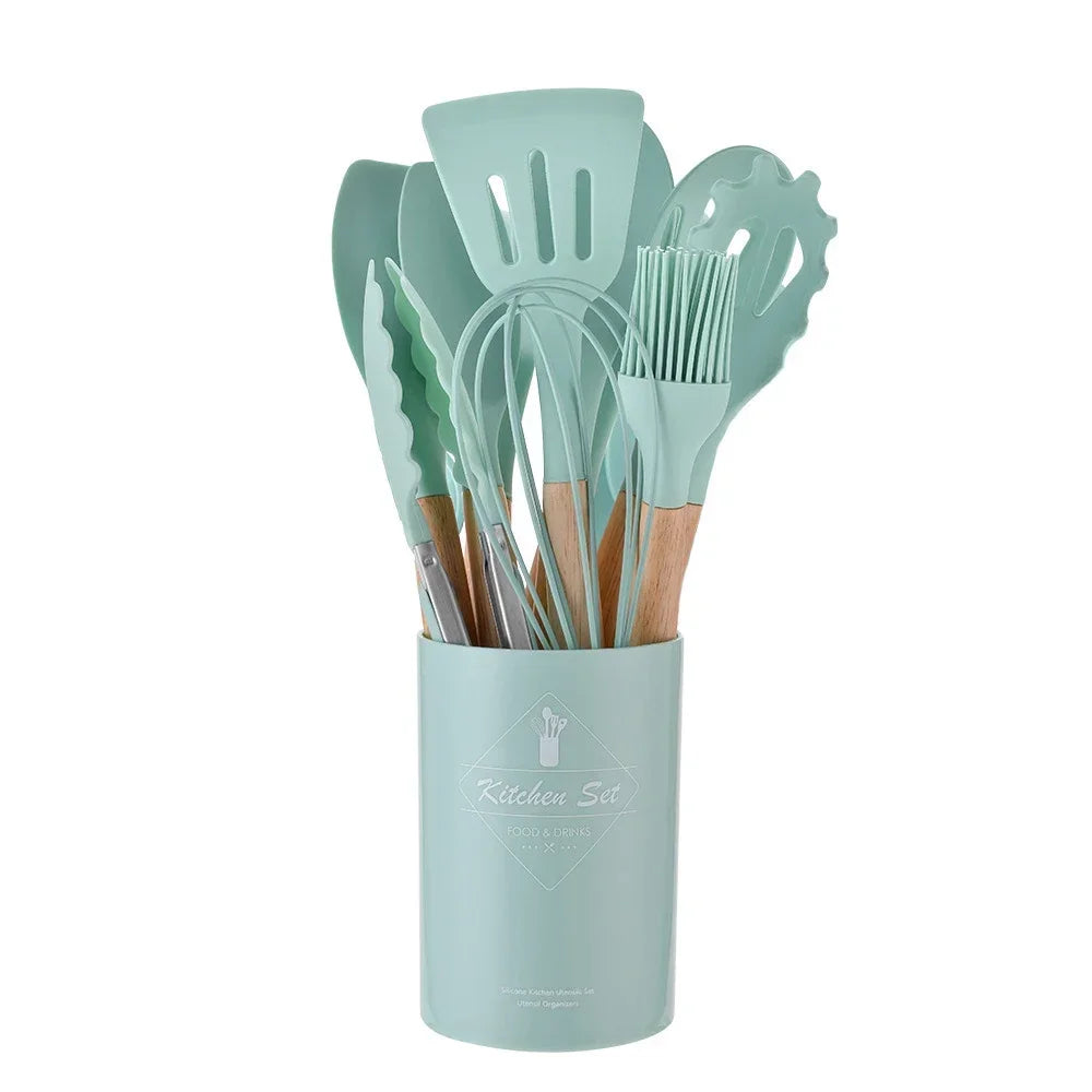 Hemasa 12PCS Silicone  Non-Stick Cookware Kitchen Utensils Set Spatula Shovel Egg Beaters Wooden Handle Cooking Tool Set