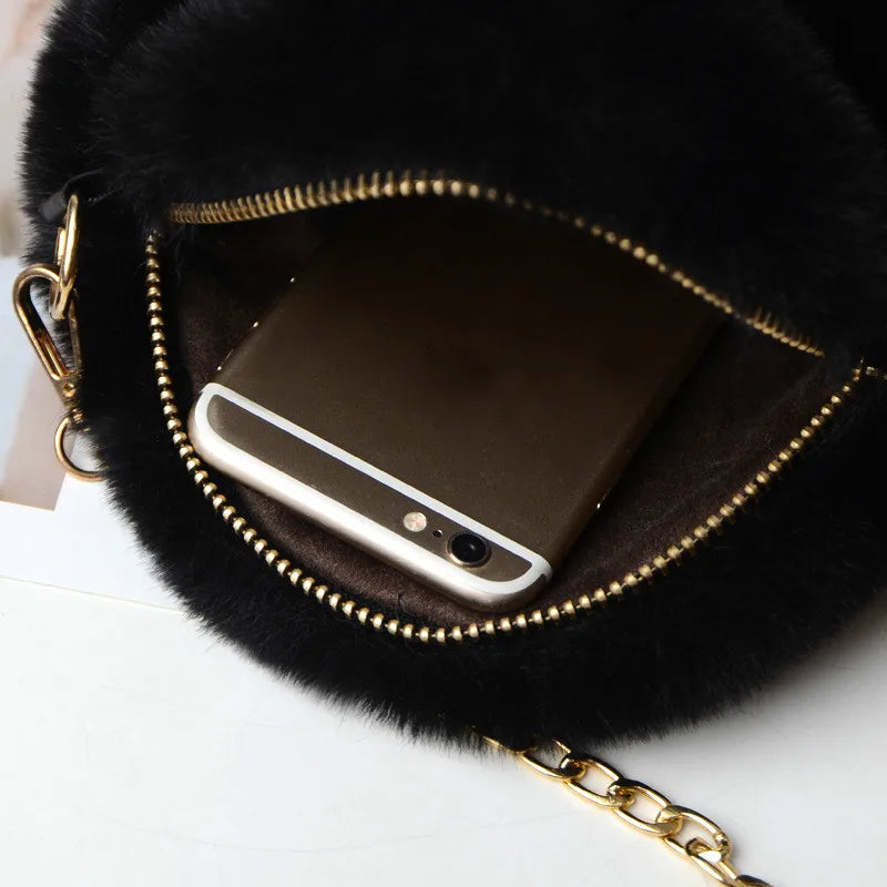 2023 Fashion Women's Round Shaped Handbags Cute Kawaii Faux Fur Crossbody Bags Wallet Purse Chain Shoulder Bag Lady Girl Handbag