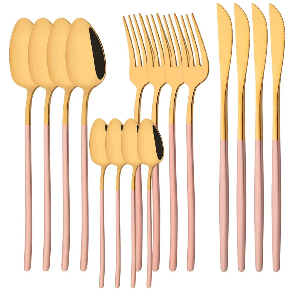 Hemasa 16Pcs Gold Dinnerware Stainless Steel Cutlery Set Knife Fork Tea Spoon Dinner Flatware Set Kitchen Silverware Tableware