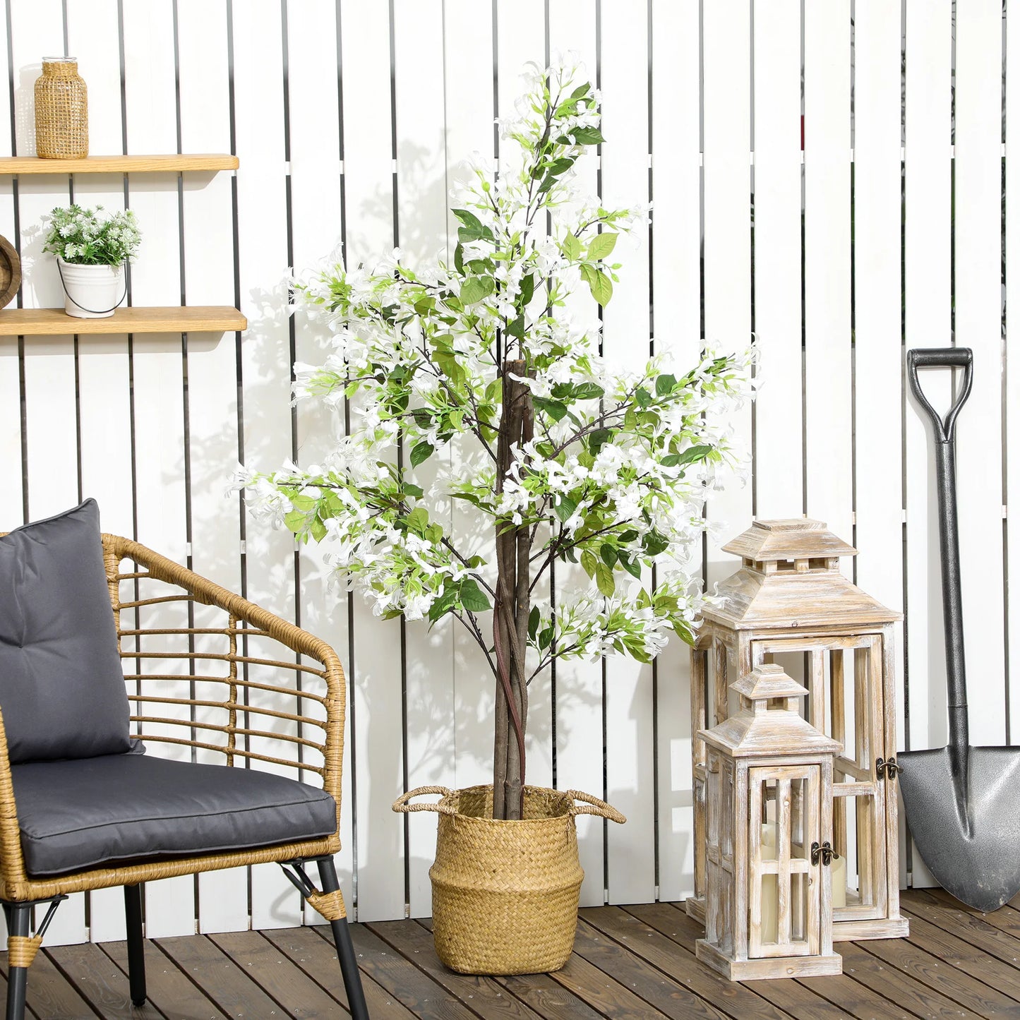 HOMCOM Potted Artificial Plants Honeysuckle Flower for Indoor Outdoor, White