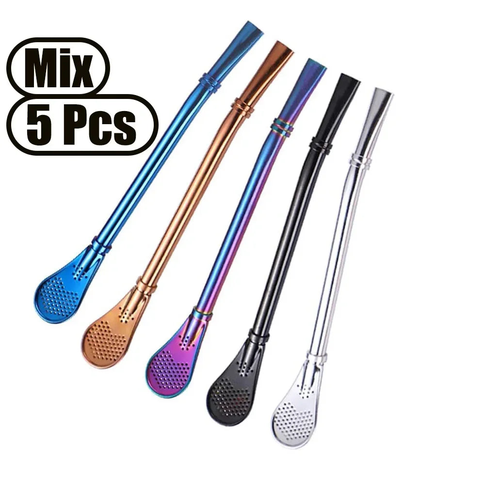 1-10Pcs 304 Stainless Steel Drinking Straw Spoon Tea Filter Reusable Bombilla Gourd Cocktail Straw Spoon Coffee Bar Accessory