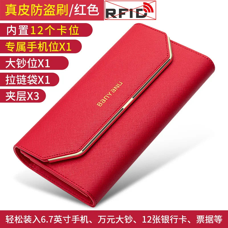 Fashion Ladies Genuine Leather Wallet RFID Long Clutch Purse for Women Multi Card Holder Triple Fold Skin Phone Money Clip 2023