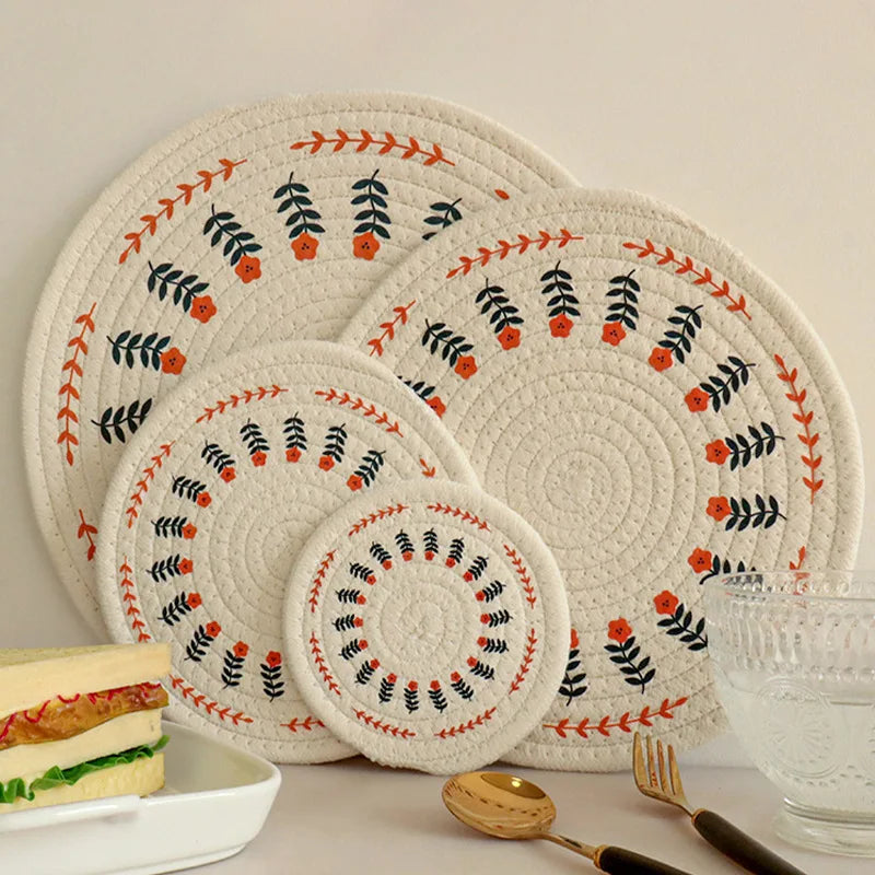 Hemasa Set of 4  Nordic Style Cotton Woven Handmade Placemats(24 Cm)