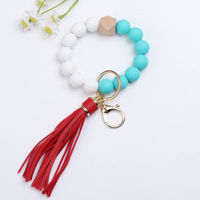 Hemasa Green Christmas Tree Silicone Bead Keychain Red Tassel Bracelet Keyring Accessories Woman Man Bracelet Gifts Bag Pendant
