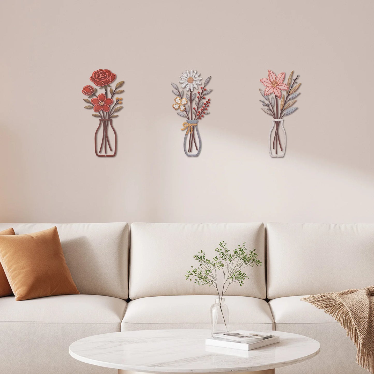 3Pcs Flower Silhouette Painting Wall Decal Decor Metal Flowers Wall Arts Minimalist Rustic Farmhouse Decor Bathroom Wall Decor