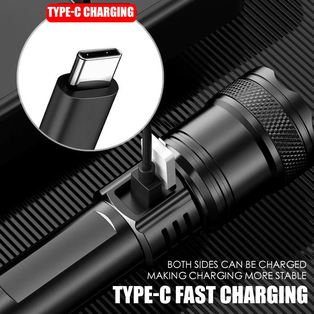 Hemasa LED Flashlight USB Rechargeable Torch with Display Zoomable Light with Battery Camping Hiking Lantern Emergency Lamp