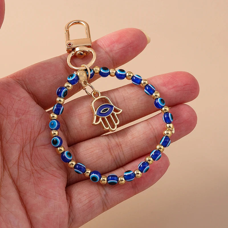 Aihua Colorful Round Evil Eyes Beaded Keychain For Couple Lover Boho Turkish Lucky Blue Eye Key Ring Bag Phone Lanyard