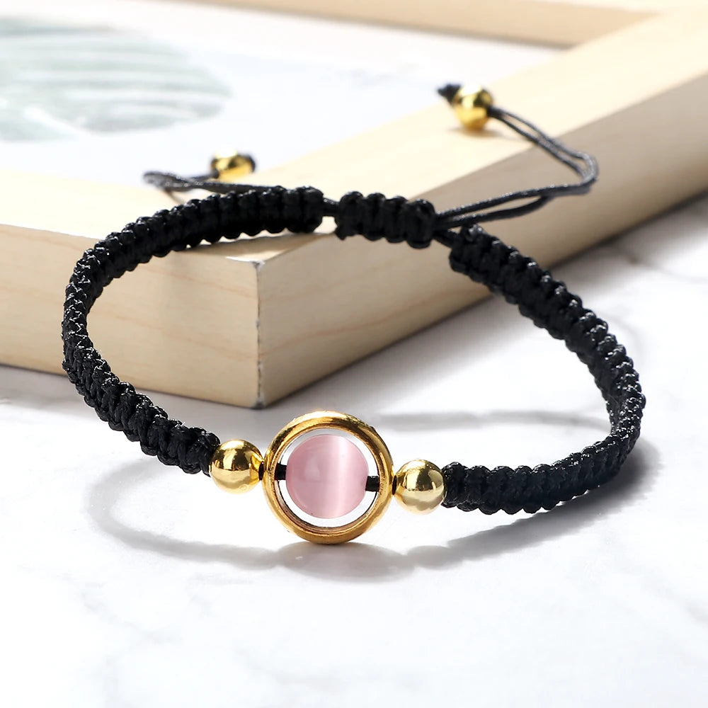 Pink Cat Eye Stone Beads Braided Bracelet For Women Red Thread String Bracelet Men Lucky Handmade Weave Rope Bangle Jewelry Gift