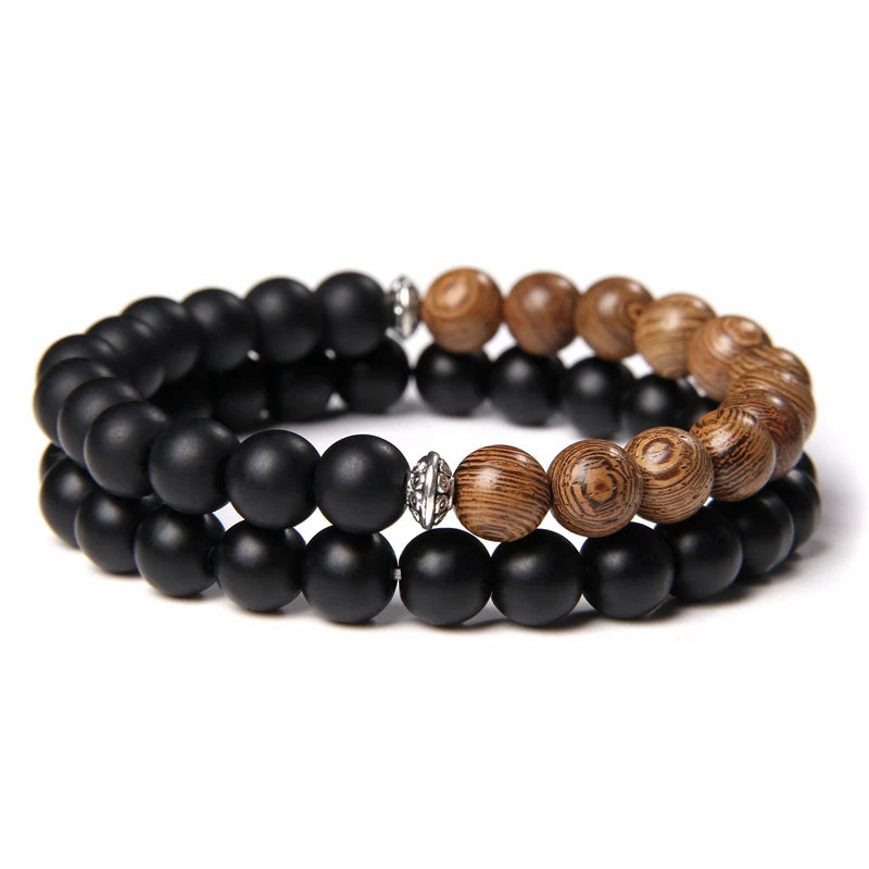 2pcs/set Beaded Bracelet Natural Stone Tiger Eye Hematite Beads Bracelet Men Energy Elastic Rope Bracelet Jewelry Couples Gifts