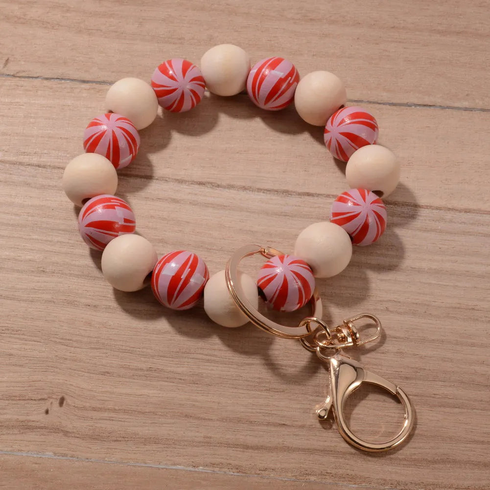2024 New Fashion Ball Charm Bracelet Keychains for Women Girls Sports Bracelet Key Chain Wood Baseball Beads Wrist Keychain Gift