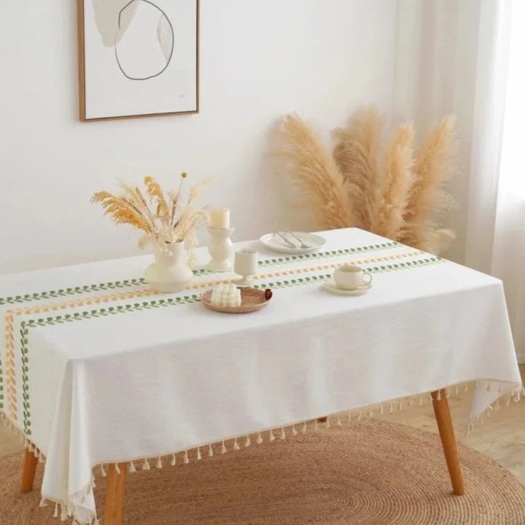 Hemasa Cotton Linen Green leaf embroidery with Tassel Rectangular Table Cloth