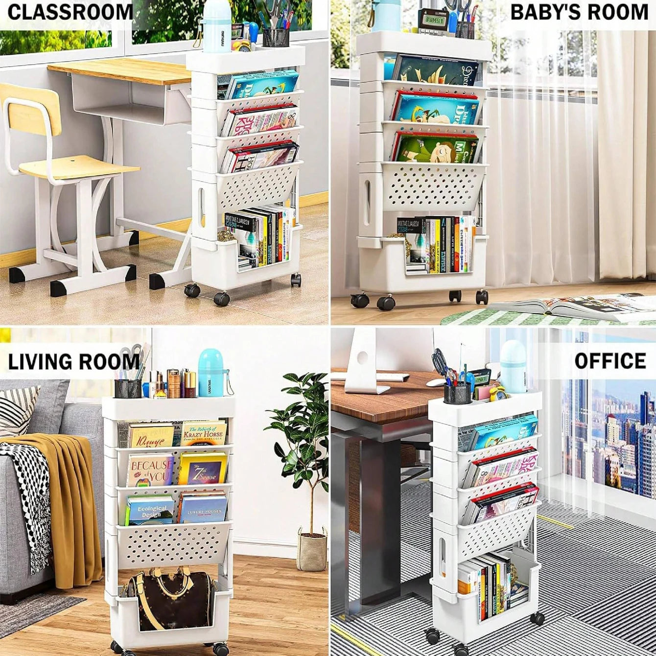 1pc 5 Tier Book Rack Storage Bookshelf, Multilayer Capacity Rotatable Removable Plastic Practical Rolling Organization