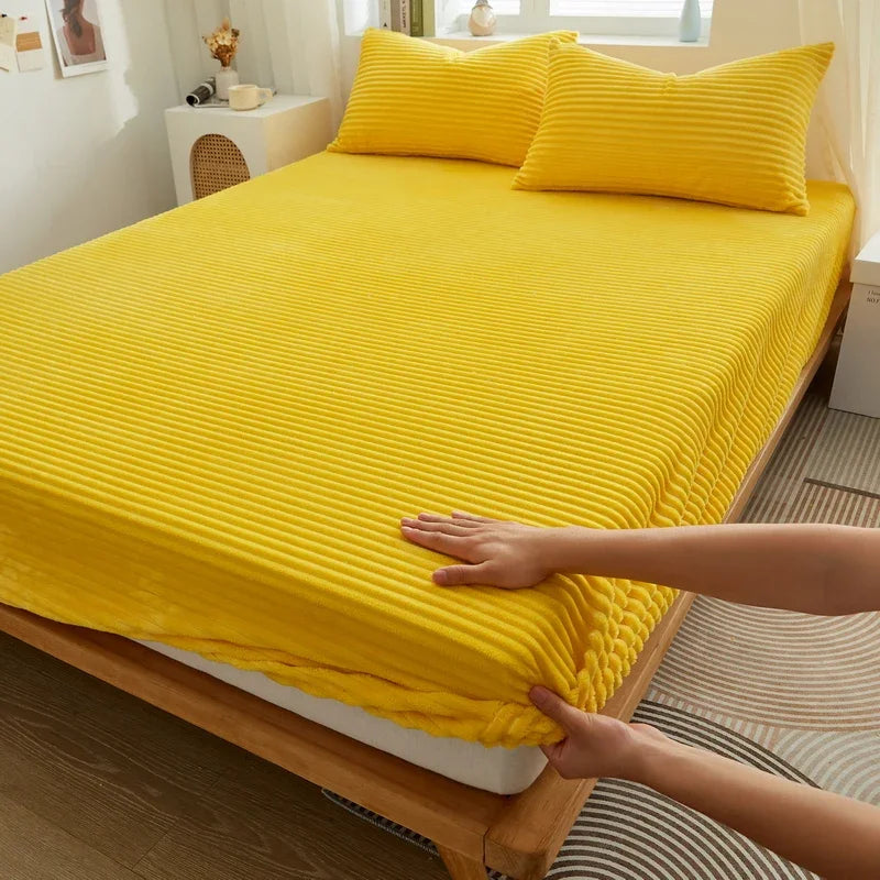 Grey Winter Warm Coral Fleece Fitted Sheet Elastic Mattress Cover Fluffy Plush King Size Bedding Home Textiles