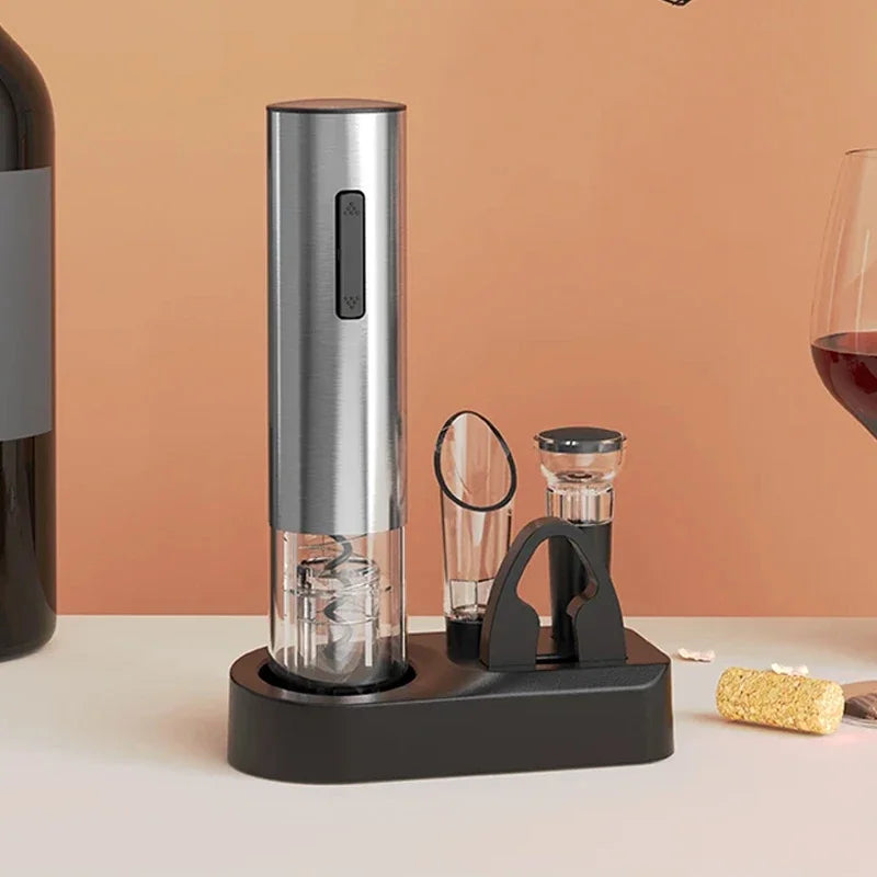 Tejesa 4In1 Electric Wine Opener Set /Rechargeable Automatic Corkscrew Bottle Opener with Foil Cutter Pourer Vacuum Stopper Storage Base