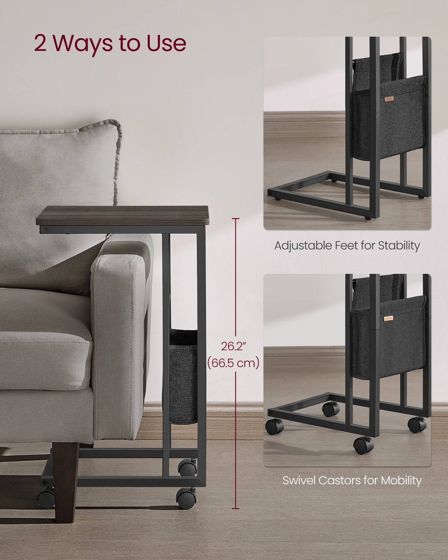 VASAGLE C-Shaped Side Table, Bedside Table, End Table for Small Spaces, with Fabric Storage Bag, Includes Adjustable Feet