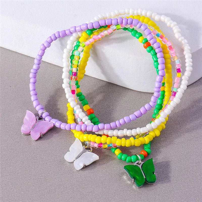 Bohemia Multilayer Colorful Beaded Bracelets Set For Women Heart Shell Flower Butterfly Charms Bracelet Summer Jewelry Gifts
